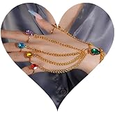 wekicici Finger Ring Bracelet Colorful Gemstone Hand Harness Bracelet Gold Adjustable Chain Ring Bracelet Accessories for Women