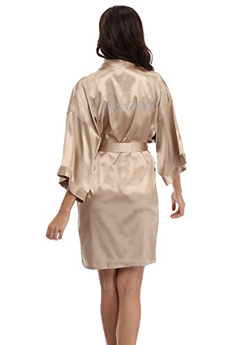 Women's Satin Rhinestone Short Wedding Kimono Robe for Bridesmaid, Champagne XS