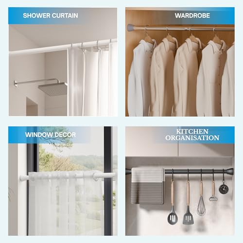 1 Shower Rod No Drilling Stainless Steel Curtain Rod No Holes Adjustable Telescopic Rod for Closet Bathroom Balcony Shower Curtain (85-160cm White)