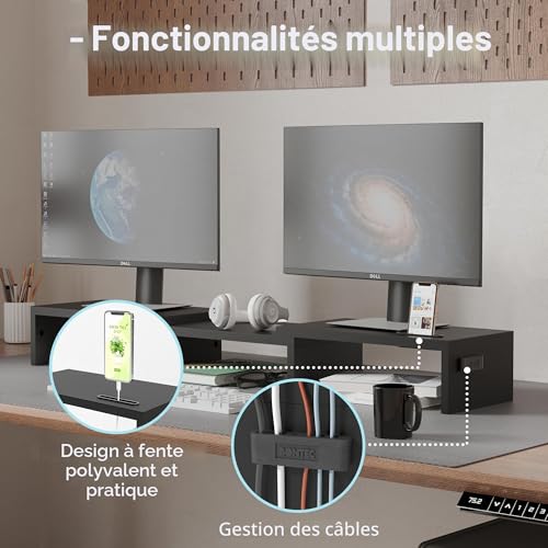 BONTEC Dual Monitor Stand, Desktop PC Monitor Riser, Wooden Desk Organizer, Adjustable Length and Angle for Portable Monitor and PC Monitor, Black