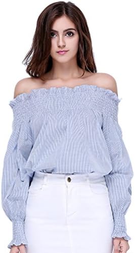Glorria Women Girls Fashion Cotton Blue White Striped Tops Off the Shoulder Long Sleeve Shirts Loose Elastic Ruffle Blouses
