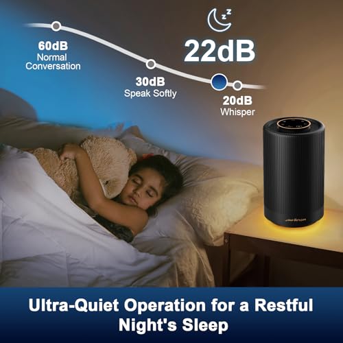Purificador de Aire Filtro H13 HEPA, Purifica Polvo Alergias Olores, Silencioso 22dB para Recámara Oficina Departamento, Luz Nocturna Regulable (Negro)