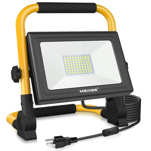 MEIKEE 60W LED Work Light, 5200LM High Bright Flood Lights, 5000K Natural White Light IP66 Waterproof Outdoor Portable Job Site Work Light with Stand for Workshop, Construction Site, Garage