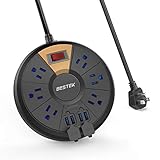 BESTEK Power Outlet Strips, 4 USB Ports Desktop Charging Station with 6-Outlet 13A 125V, 6 Ft Extension Cord, 220J, Black, Ultra-Compact for Dorm Room, Bedside, Cruise Ship and More