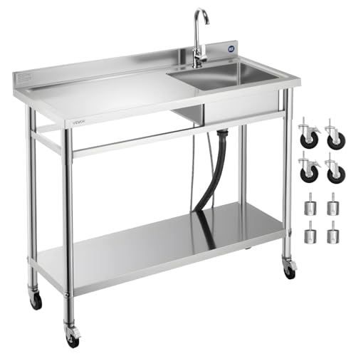 VEVOR Keukenaanrecht 1200x500x1055mm, enkele wastafel met kraan en wielen, keukenspoelbak voor garage, restaurant, wasruimte, buitenwastafel met linker werkblad