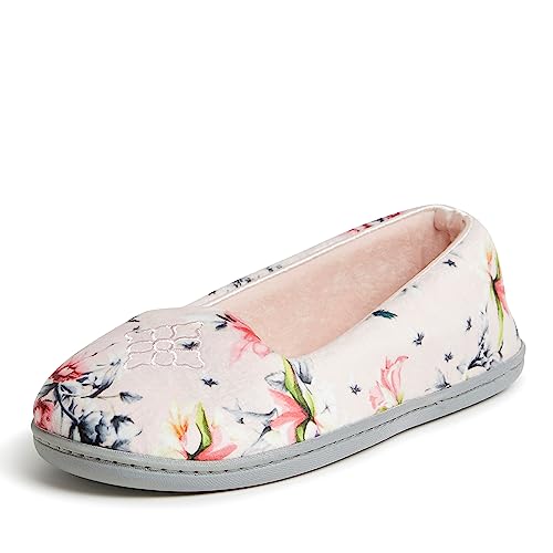 Dearfoams Pantoufles Rebecca en velours microfibre pour femme, motif floral rose, Large