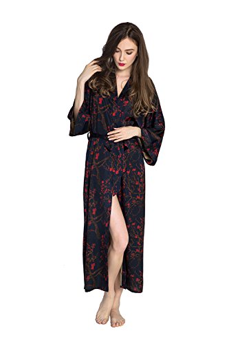 Old Shanghai Women's Kimono Robe Long - Watercolor Floral, Yurina- Navy - Thumbnail 3
