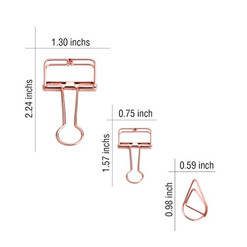 15 Metal Binder Clips and 65 Cute Paper Clips Assorted Sized, Rose Gold Smooth Stainless Wire Clips for Office School Supplies by DeedyGo