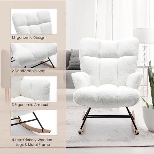 SAETSFEG Rocking Chair Nursery Teddy Upholstered Glider Rocker Chair Padded Seat with High Backrest Armchair Comfy Nursing Chair Indoor for Living Room Bedroom, White
