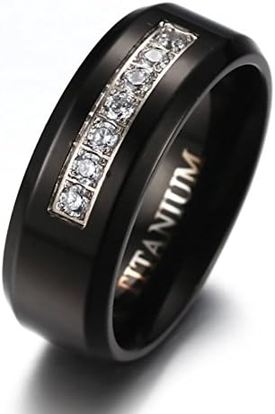 8mm Men's Black Titanium Wedding Band Ring with 7 Simulated Cubic Zirconia Set CZ (14)