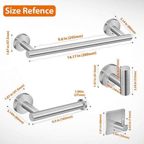 Tudoccy 5-Pieces Bathroom Hardware Set Brushed Nickel SUS304 Stainless Steel Round Wall Mounted - Includes 14" Hand Towel Bar, Toilet Paper Holder, 3 Robe Towel Hooks,Bathroom Accessories Kit ...