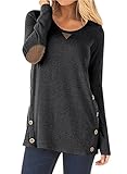 NICIAS Womens Side Buttons Long Sleeve Casual Crew Neck Elbow Patched Sweatshirt Loose T Shirt Blouses Tops