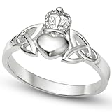 Sz 9 Sterling Silver Irish Claddagh Friendship and Love Band Celtic Ring w/ Trinity Symbols