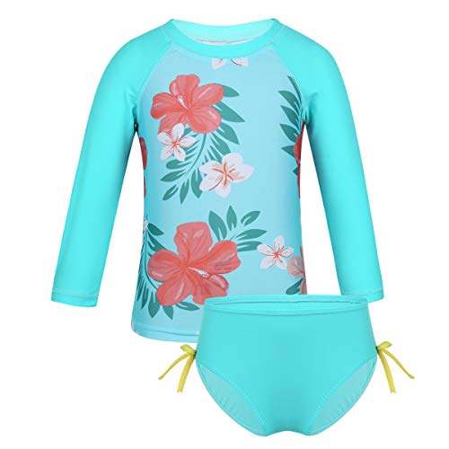 dPois Infant Baby Girls' Long Sleeves One-Piece Floral Rash Guard Ruffles Swimsuit Swimwear with Back Zipper Cyan (Tankini) 6-12 Months