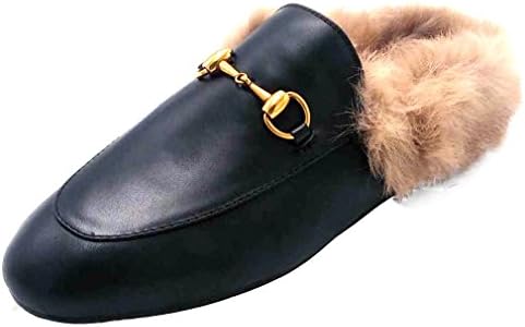 Women's Black Retro Fashion Loafers Round Toe Slip on Flat Outdoor Slippers with Furry and Buckle