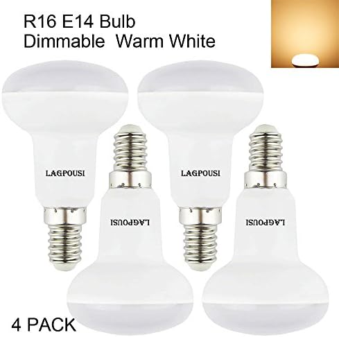 lagpousi (4 Pack) 5W soft White R16(R14)Dimmable LED Flood Bulbs,E14 base,40W lncandescent Bulbs Equivalent，120° Beam Angle，FCC Listed，400Lm，2700K