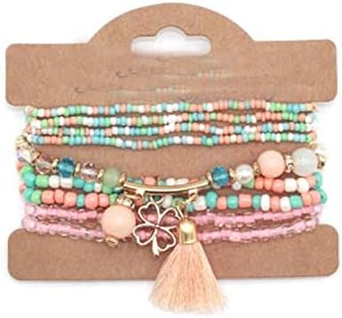 Olive Tayl 9pcs/set Brand Multilayer Seed Beads Tassel Clover Bracelets & Bangles Strand Stretch Friendship Bracelets Pack for Women mix
