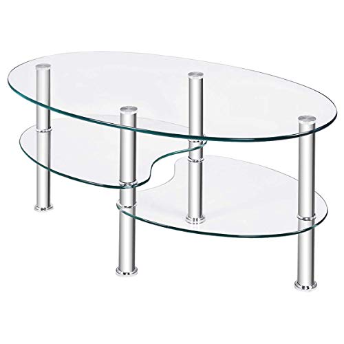 Tangkula Glass Coffee Table, Modern Furniture Decor 2Tier Modern Oval
