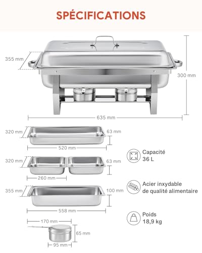 WILPREP Set of 4 Chafing Dishes, 1 Full Dish + 2 Half Plates, Rectangular 9L Stainless Steel Heated Buffets for Restaurants, Parties, Buffets, Banquets, Dinners (Pack of 4 – GN1/1+2×GN1/2)
