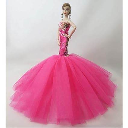 DSstyles Delicate Gauze Fish Tail Long Dress for 30CM Doll Rose Red Wedding Dress (Without Doll)