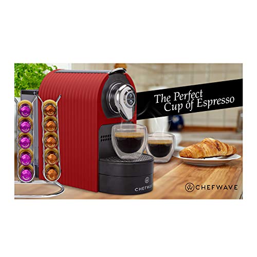 ChefWave Mini Espresso Machine - Nespresso Capsules Compatible - Programmable One-Touch 27 Oz. Water Tank, Premium Italian 20 Bar High Pressure Pump - 40 Pod Holder, 2 Double-Wall Glass Cups - Red - Thumbnail 6