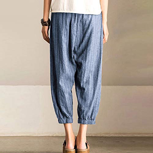 Botrong Women Striped High Waist Cotton and Linen Long Pants Casual Beach Trousers Blue - Thumbnail 2
