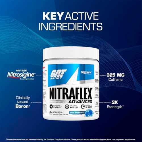 GAT SPORT Nitraflex Advanced Pre-Workout Powder, Increases Blood Flow, Boosts Strength and Energy, Improves Exercise Performance, (Blue Raspberry, 30 Servings)