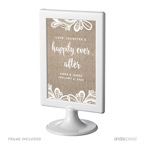 Andaz Press Burlap Lace Print Wedding Collection, Personalized Framed Party Signs, Love, Laughter & Happily Ever After, 4×6-inch, 1-Pack, Includes Frame, Custom Made Any Name