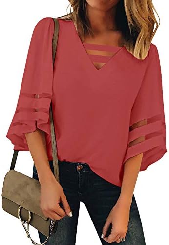 Women's Casual Round Neck 3/4 Bell Sleeves Panel Loose Blouse T Shirt Top