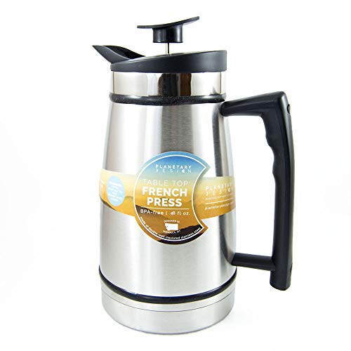 Planetary Design French Press Table Top Coffee and Tea Maker Carafe with Bru-Stop Technology - 48 oz - Stainless Steel - Brushed Steel