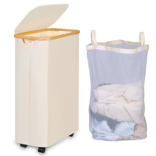 iEGrow Laundry Hamper with Lid,75L Hamper with Wheels & Removable Bag,Slim Laundry Basket on Wheels with Bamboo Frame,Foldable Rolling Clothes Hamper for Bedroom Dorm,Beige - Used condition - US$12.68