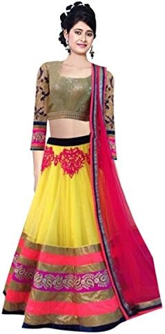 Triveni Women's Indian Traditional Yellow Colored Border Worked Net Lehenga Choli