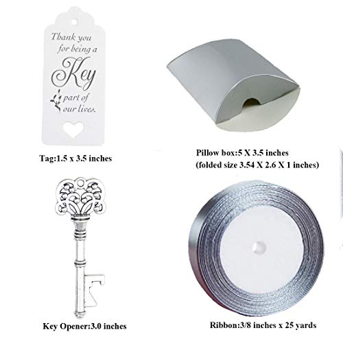 Aokbean 50pcs Wedding Favor Souvenir Gift Set Pillow Candy Box Vintage Skeleton Key Bottle Openers Escort Gift Card Thank You Tag French Ribbon (Silver) - Thumbnail 6