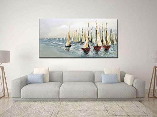 V-inspire Paintings，24x48 Inch Oil Hand Painting Sailing Boat on Blue Sea Warm Color Painting Style Home Decoration Wood Inside Framed Ready to Hang - Thumbnail 4