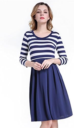 Green Mango Women's Vintage 3/4 Sleeve Navy Style Stripes Evening Party Casual Swing Dress(Navy Blue,L)
