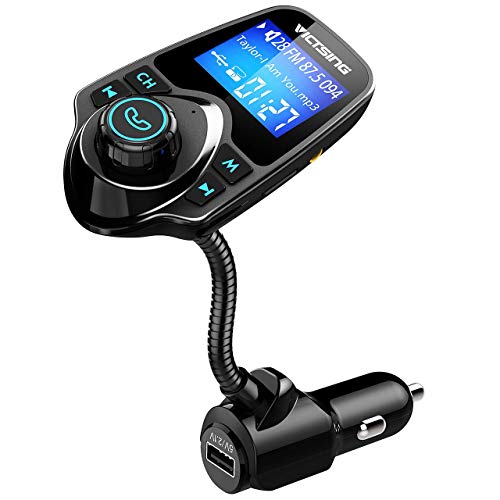 VicTsing Bluetooth FM Transmitter, Wireless in-Car Radio Transmitter Adapter/w USB Port, Support AUX Input 1.44 Inch Display TF Card Slot - Black