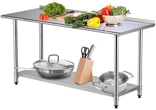 SUNCOO Commercial Stainless Steel Work Table Food Grade Kitchen Prep Workbench Metal Restaurant Countertop Workstation with Adjustable Undershelf 72 in Long x 30 in Deep W/Backsplash