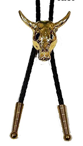Horn Bull Skull Gold Head 3D Rodeo Cowboy Western Bolo Tie
