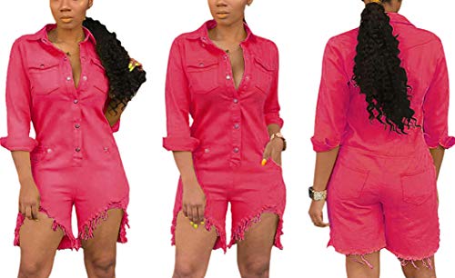 Women Sexy V Neck Denim Rompers Casual Denim Stand Collar Fasten Short Sleeve Button Up Riders T Shirt Jacket Tops BIb Loose Comfy Wide Leg Short Pants Party Club Outfits with Pockets - Thumbnail 4