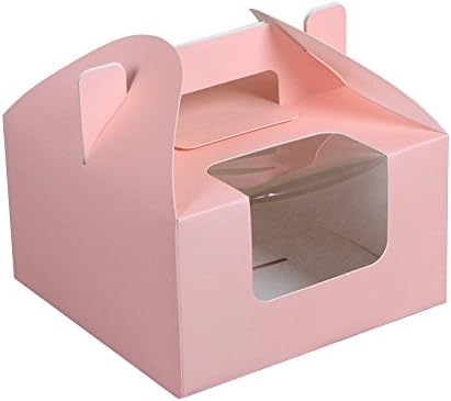 Cupcake Boxes 4 Cavity Holds with Window, Handle and Inserts Cardboard Cake Muffin Gift Holder Box 6.1" x 6.1" x 4" Pack of 6 Count (Pink)