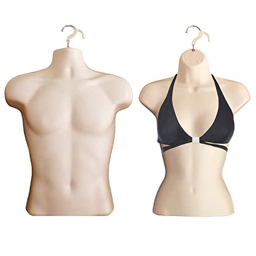 DisplayTown Flesh Male + Flesh Female Mannequin Injection Forms Half Rounded Waist Body Torso Dress Form with Only Hanging Hook, S-M Sizes