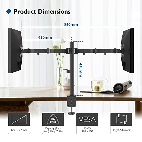 BONTEC 2 Screen PC Monitor Stand for 13-27 Inch Monitors, Height Adjustable PC Monitor Arm, Tilt, Rotatable and Swivel, Max Weight 10 kg, VESA 75/100