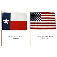 Ant Enterprises Wholesale Combo (2) Two 12x18 12"x18" State of Texas Lone Star and USA American 50 Star Grave Marker Stick Flags