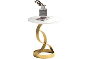 Modern Round Side Table with White Marble Top and Gold Spiral Base, 50cm Diameter x 55cm Height