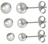 3 Pairs Ball Stud Earrings: Stainless Steel Hypoallergenic Earrings, 4 mm, 5 mm and 6 mm Ball Studs