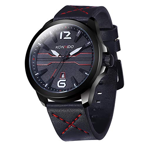 Mens Watches Leather Band Calendar Casual Watches for Men Red