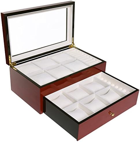 Watch box & Jewelry Organizer Mens & Womens Elegantly Displays Watches & 2 Row of Jewelry Glass Top