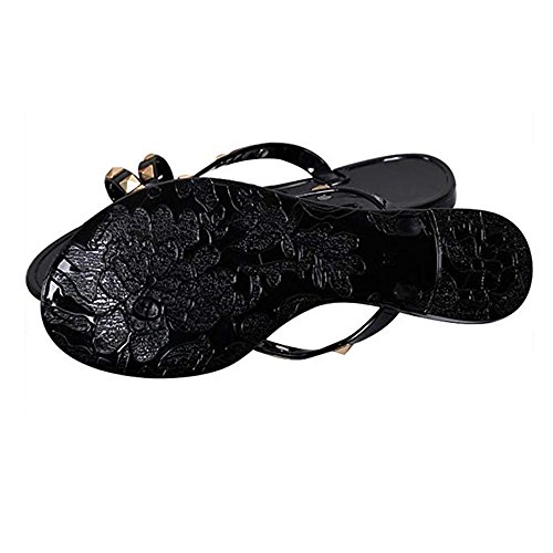 Utop Women’s Rivets Bowtie Flip Flops Jelly Thong Sandal Rubber Flat Slipper Summer Beach Rain Shoes Womens Gold Rivet Studded Bow Jelly Thong Flip Flop Sandals (US8.5=EU40=25CM, Black)