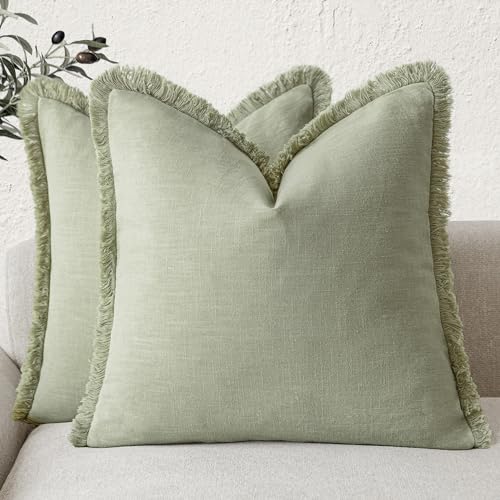 Foindtower Set of 2 Decorative Linen Fringe Throw Pillow Covers Boho Farmhouse Cushion Cover with Tassels Soft Accent Pillowcase for Couch Sofa Bed Living Room Home Decor,16×16 Inch,Light Sage Green