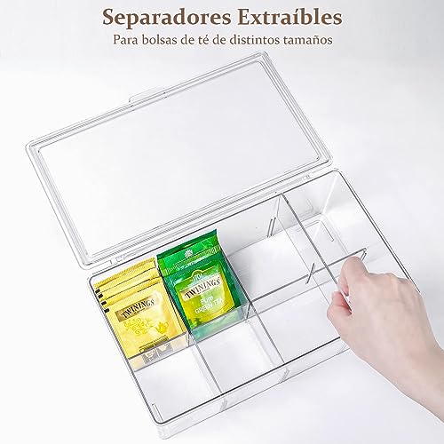 Caja para Té con 8 Compartimentos con Tapa Abatible, Organizador de Te para Infusiones, Bolsas de Té, Sobres de Café y Azúcar, Porta Te de Acrilico para Nevera, Armario, Despensa, Encimeras de Cocina